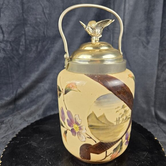 Hand Painted Porcelain Biscuit Barrel Silver Tone Lid With Bird Floral Motif VTG - Picture 7 of 16